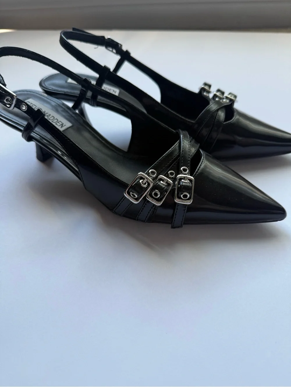 Steve Madden Women’s Black Pointed Slingback Kitten Heels with Buckle Straps